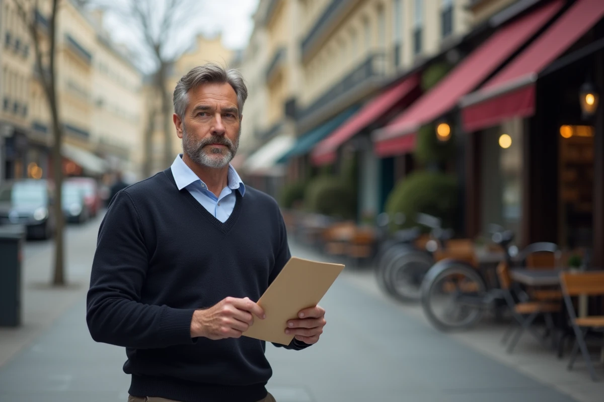 Homme tenant une lettre dans une rue parisienne