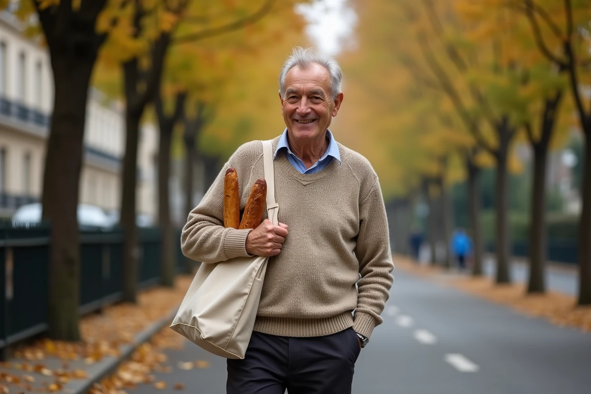 Homme mature marchant dans une avenue parisienne en automne avec un sac en toile, ambiance vie quotidienne et familiale