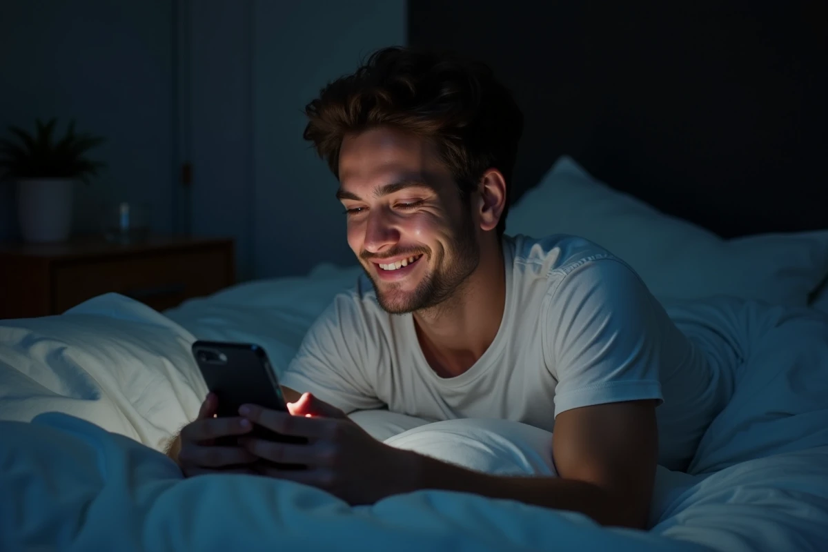 Jeune homme ému lisant un message touchant de son meilleur ami sur WhatsApp tard la nuit dans sa chambre