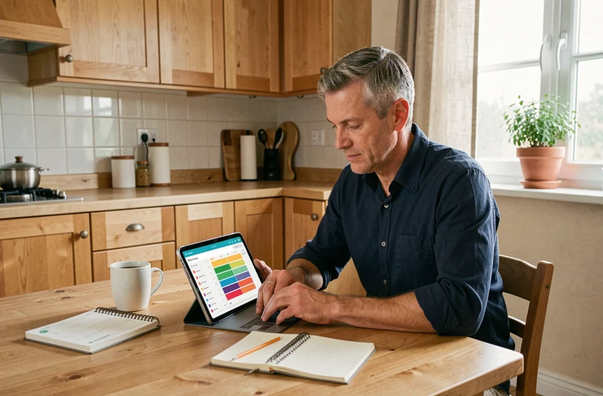 Homme consultant un planning numérique de semaines paires et impaires sur une tablette dans une cuisine moderne