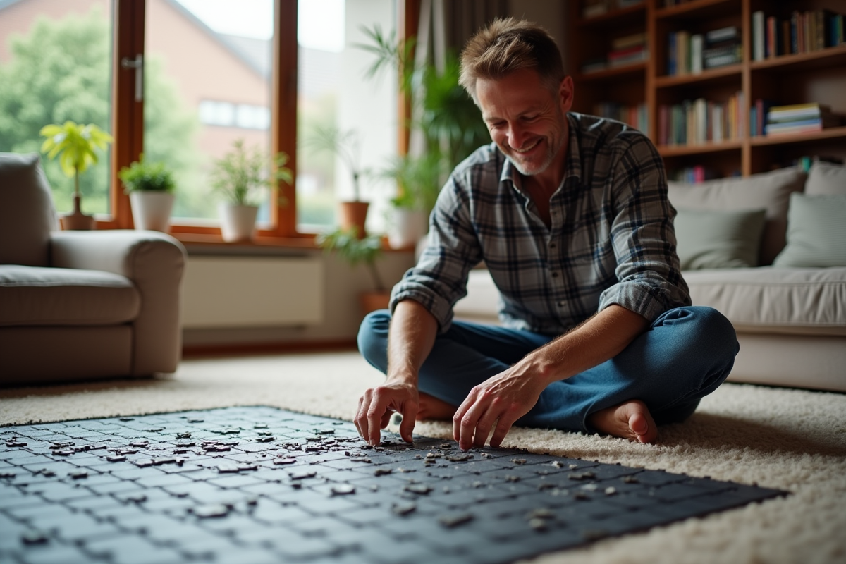 Homme d'âge moyen assemble un puzzle dans son salon