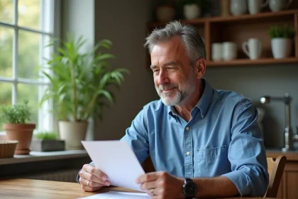 Homme français méditant avec note dans la cuisine