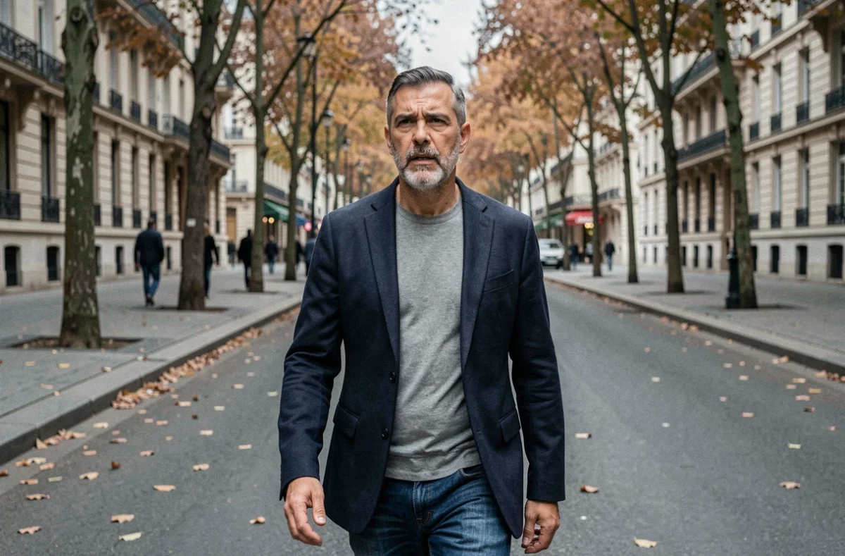 Homme en veste marine marchant dans une rue parisienne, ambiance de séparation publique et médiatique