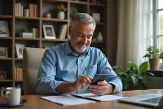 Homme d'âge moyen utilisant son smartphone à la maison