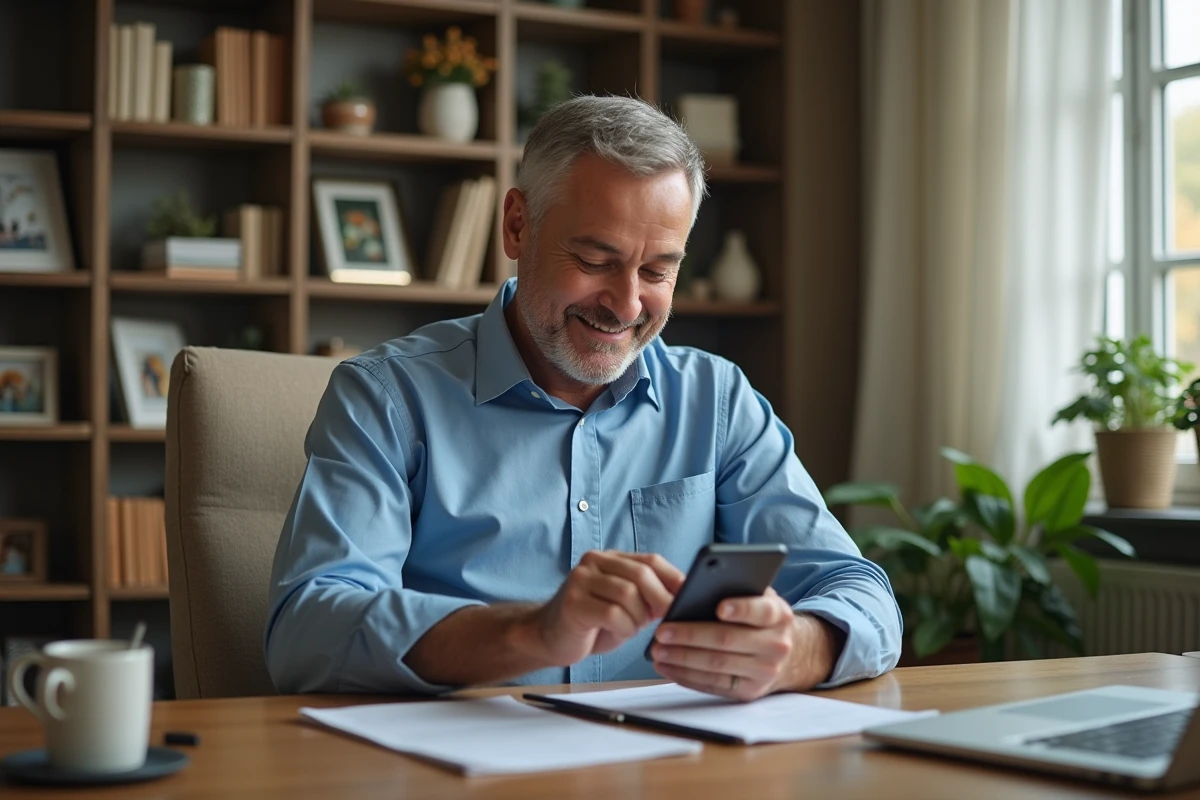 Homme d'âge moyen utilisant son smartphone à la maison