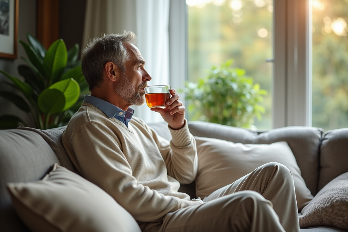 Homme buvant une tisane dans un salon cosy