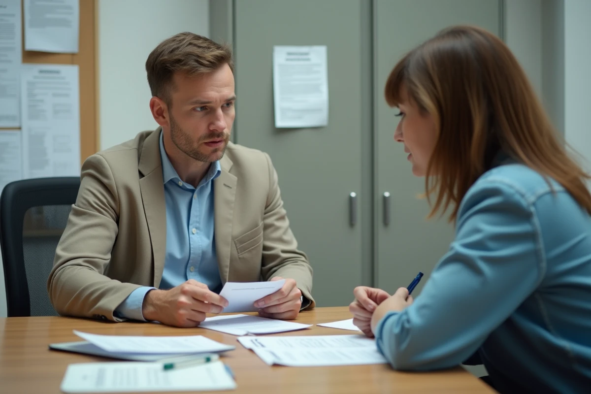 Homme parlant avec une assistante sociale dans un bureau