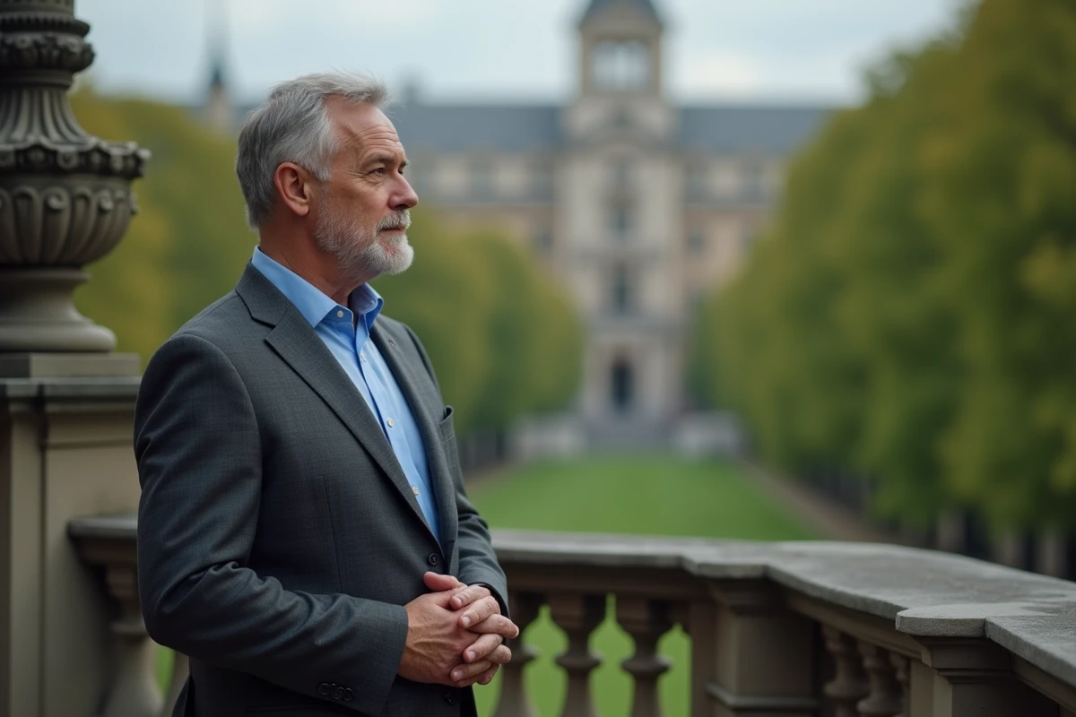 Homme en costume contemplant la ville depuis un balcon