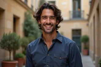 Portrait d'un jeune homme souriant dans une cour parisienne, illustration pour un article sur Hugo Antakis fils de Marie-Ange Nardi