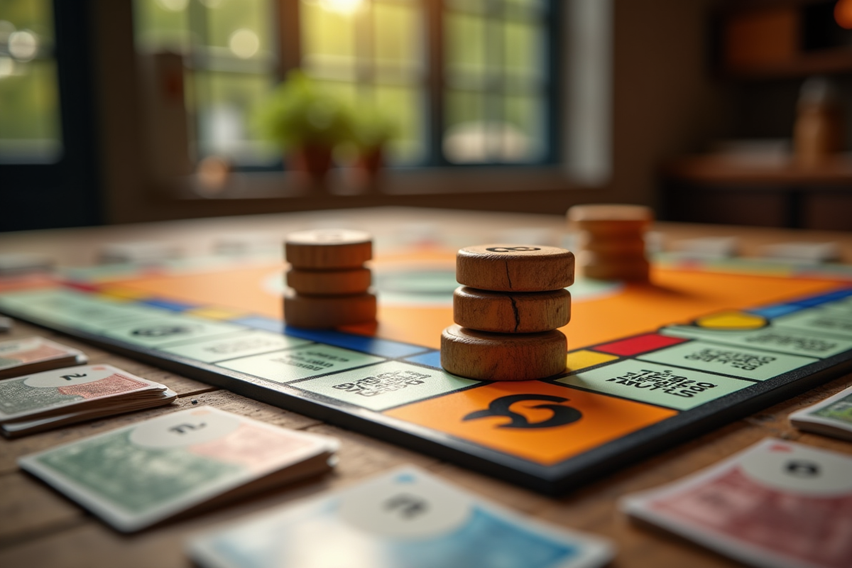 Zoom sur jetons en bois Monopoly et cartes de propriété colorées