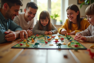 Famille jouant à un jeu de dinosaure sur une table en bois