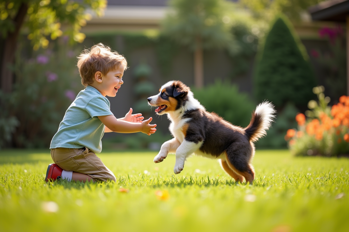Enfant jouant avec un chiot australien dans le jardin ensoleille