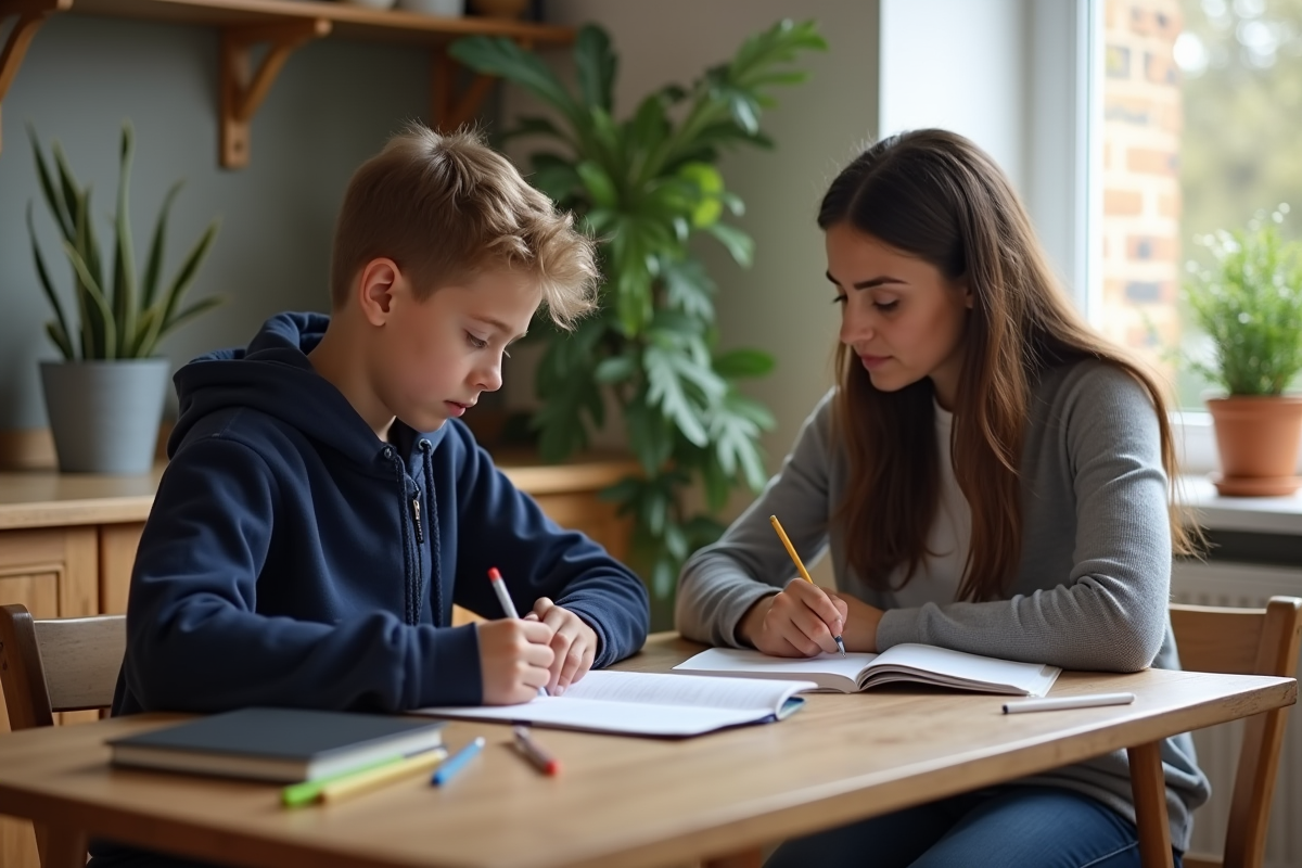 Adolescent en hoodie bleu travaillant avec un tuteur dans une cuisine chaleureuse