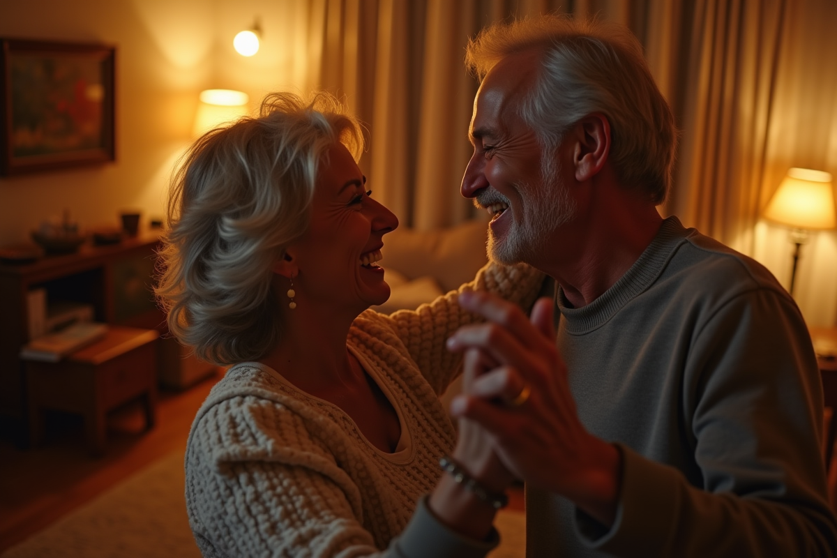 Couple mature dansant dans un salon chaleureux en soirée
