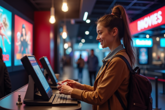 Jeune femme souriante achetant billets cinema à un guichet