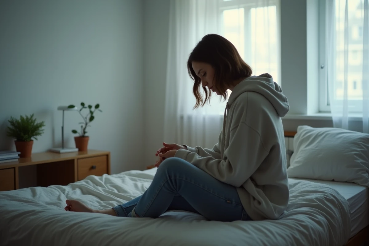 Jeune femme assise sur le bord d'un lit la tête baissée dans une chambre sobre
