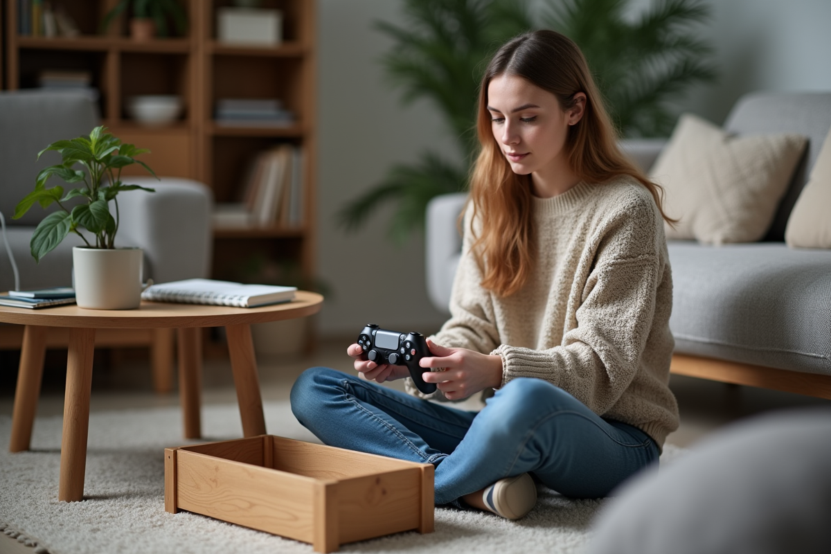 Jeune femme assise en salon rangeant une manette de jeux