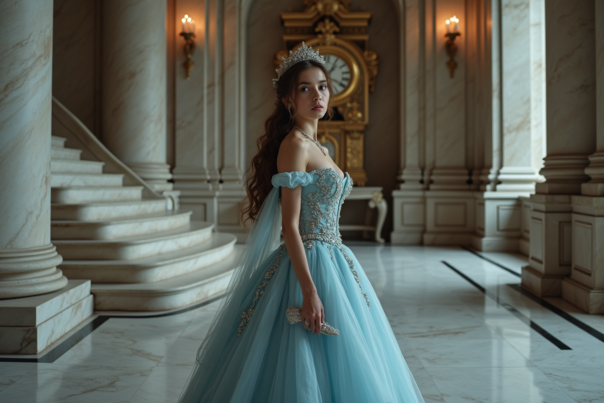 Jeune femme en robe de bal bleue dans un palais avec horloge