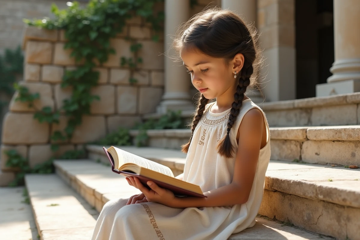 Jeune fille lisant un livre grec ancien en plein air