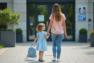 Jeune fille de 4 ans avec sac à dos devant mairie de Meudon