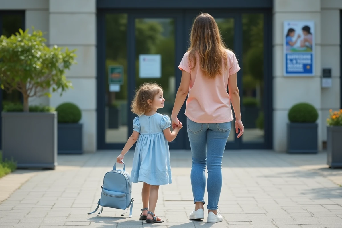 Jeune fille de 4 ans avec sac à dos devant mairie de Meudon