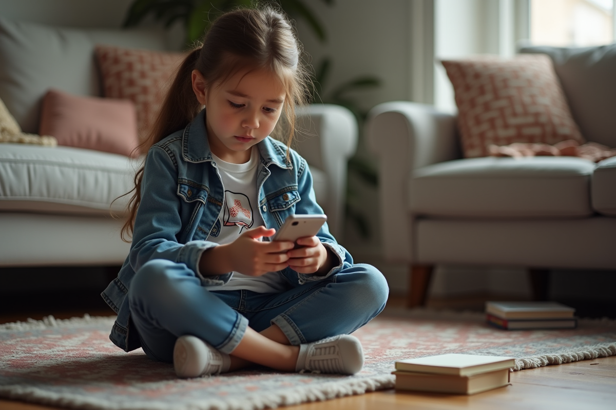 Jeune fille de 10 ans assise sur un sol en bois dans un salon cosy