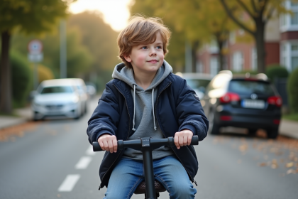 Jeune garçon de 14 ans sur scooter en banlieue tranquille