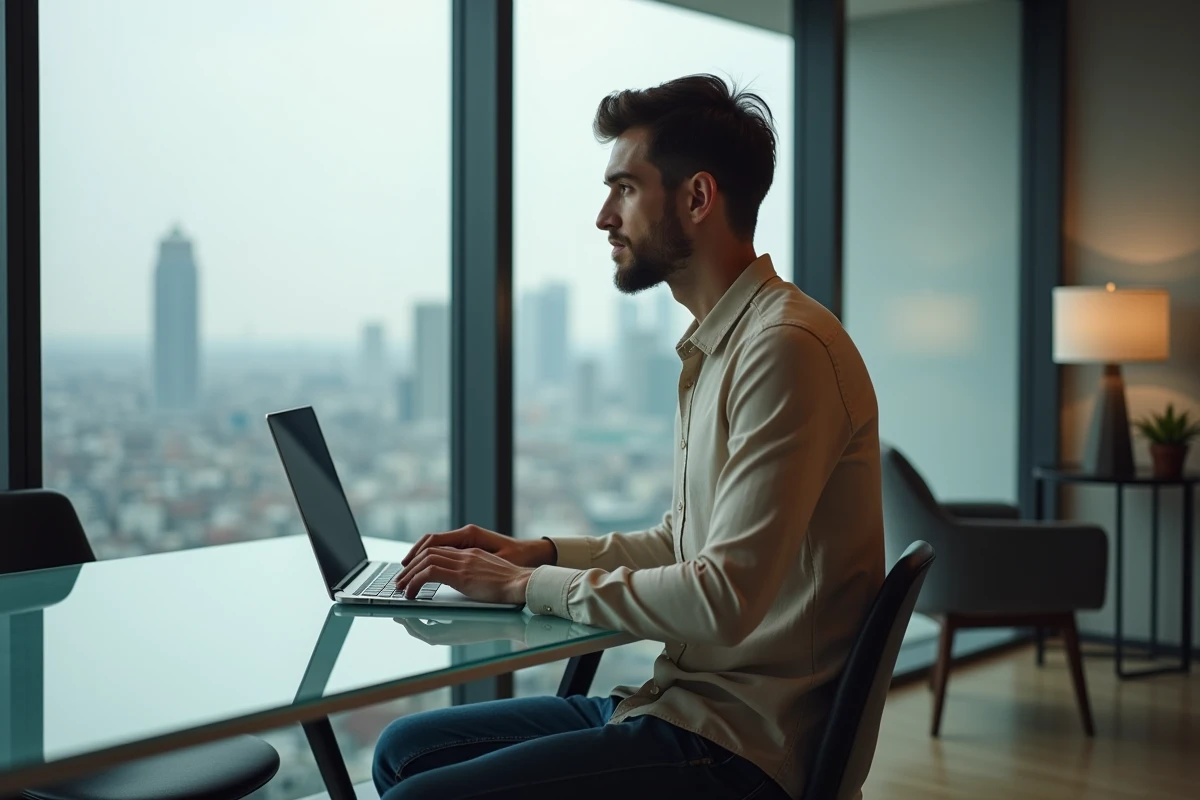Jeune homme contemplatif tapant un email d