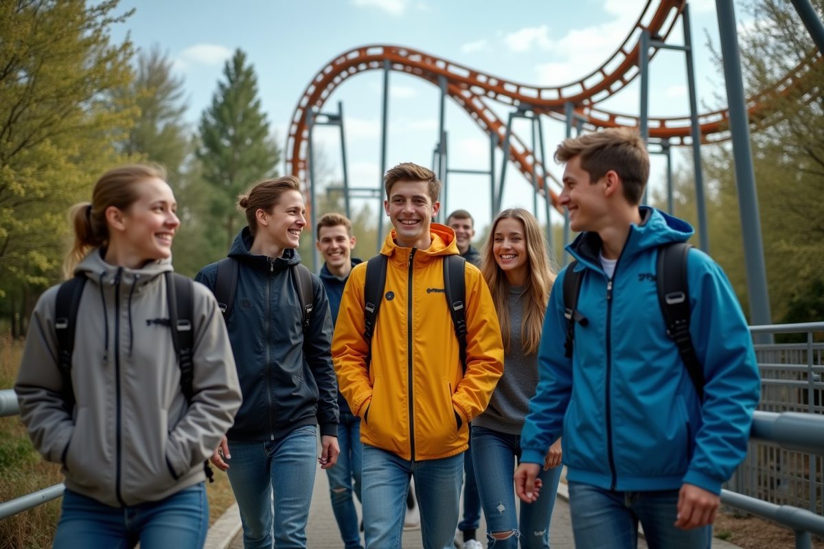 Jeunes adultes souriants prêts à monter dans une montagne russe