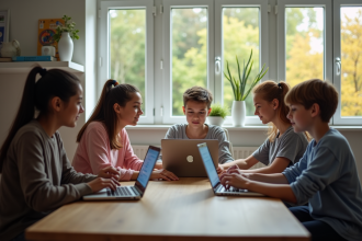 Groupe d'élèves au lycée utilisant des tablettes pour comparer des plateformes éducatives