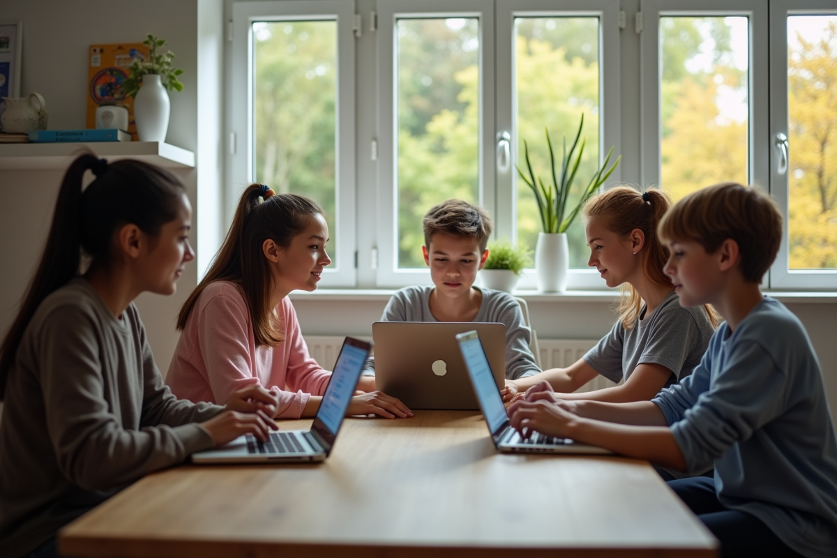 Groupe d'élèves au lycée utilisant des tablettes pour comparer des plateformes éducatives