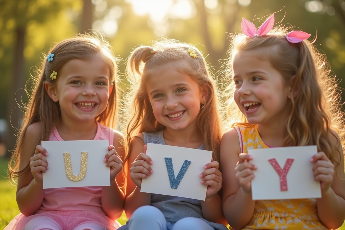 Groupe de jeunes filles souriantes dans un parc ensoleille avec noms en V
