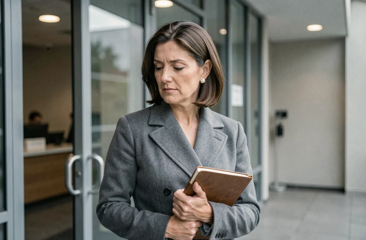 Femme professionnelle en manteau gris devant l'entrée d'un studio de télévision, regard concentré, illustrant la double vie publique et privée d'une personnalité médiatique