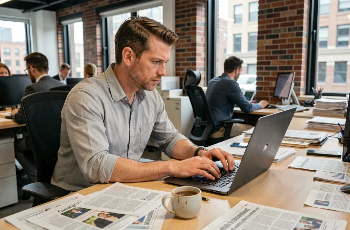 Journaliste masculin concentré dans une salle de rédaction moderne, travaillant sur un article concernant la vie privée d'une personnalité publique
