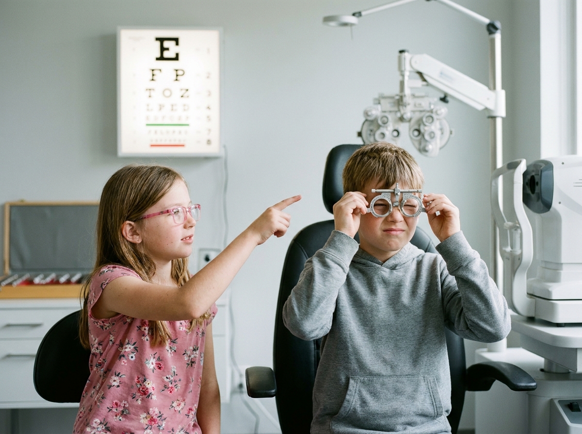 Jumeaux fille et garçon passant chacun un contrôle de la vue chez l'opticien en même temps