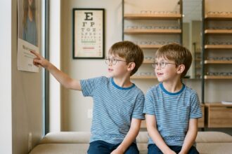 Deux jeunes jumeaux portant des lunettes identiques assis dans une salle d'attente d'opticien moderne