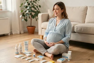 Future maman enceinte assise sur le sol entourée d'échantillons gratuits de produits bébé