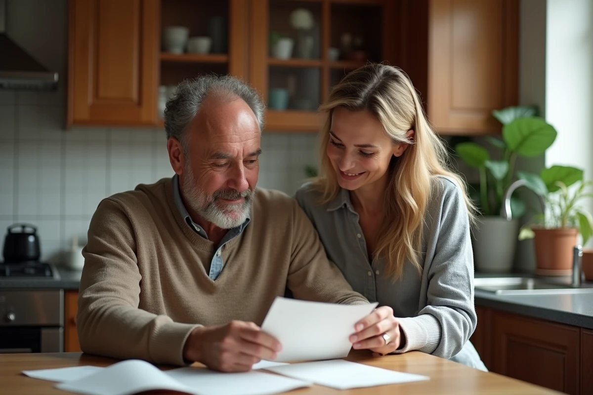 Homme lisant des lettres dans une cuisine chaleureuse