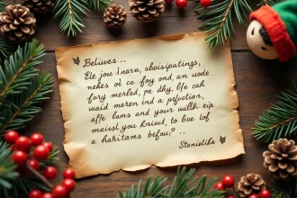 Lettre de lutin farceur écrite à la main sur papier crème, entourée de pommes de pin et de baies rouges sur une table en bois