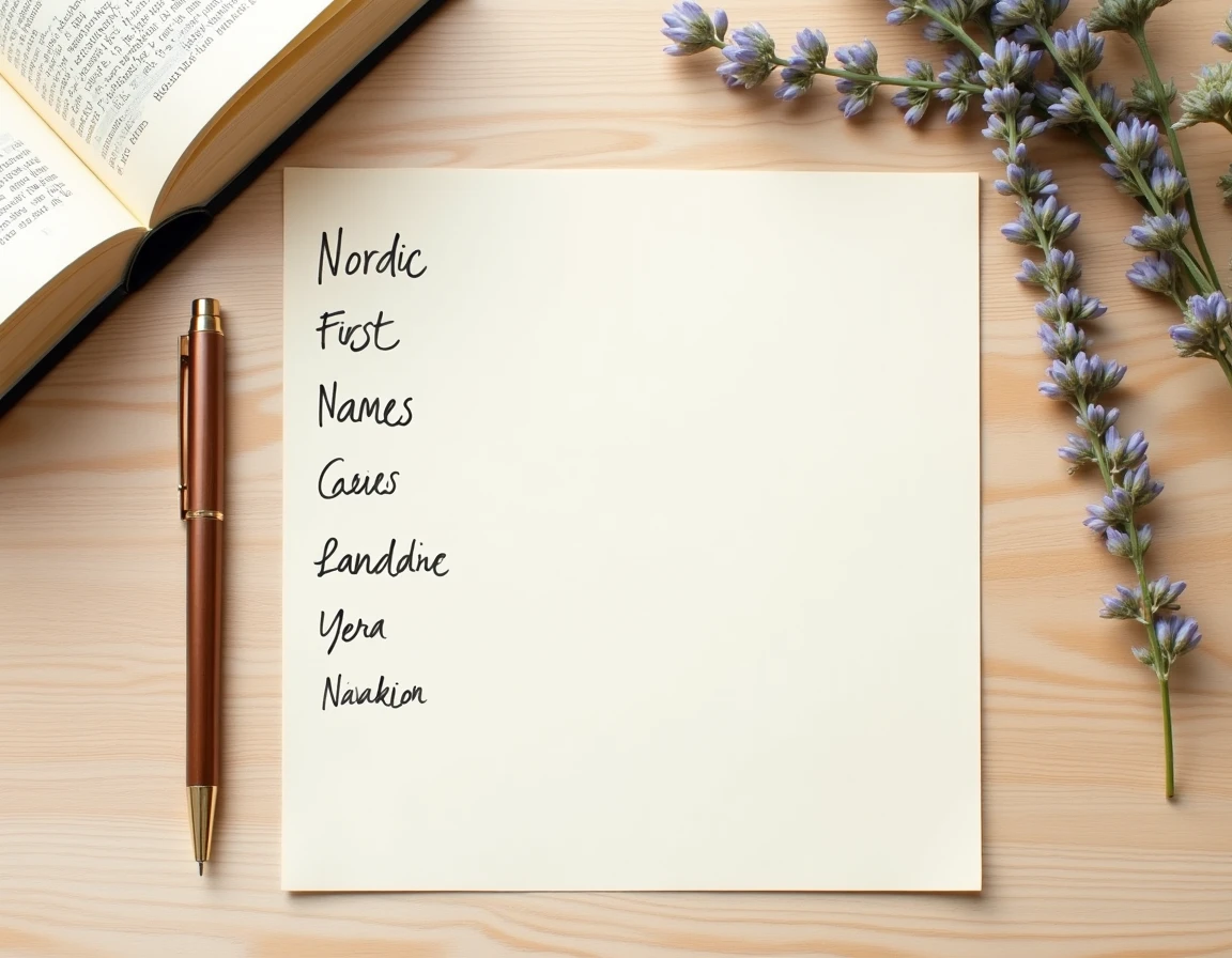 Vue du dessus d'une liste manuscrite de prénoms nordiques avec dictionnaire et accessoires scandinaves