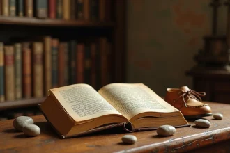 Livre ancien du Petit Poucet ouvert sur une table en chêne avec des cailloux blancs et une petite chaussure en cuir, ambiance littéraire nostalgique