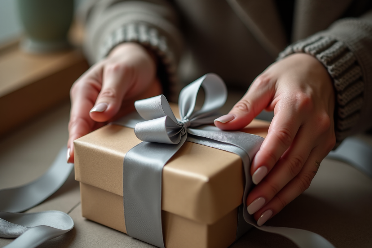 Mains déballant un coffret luxe avec ruban argenté