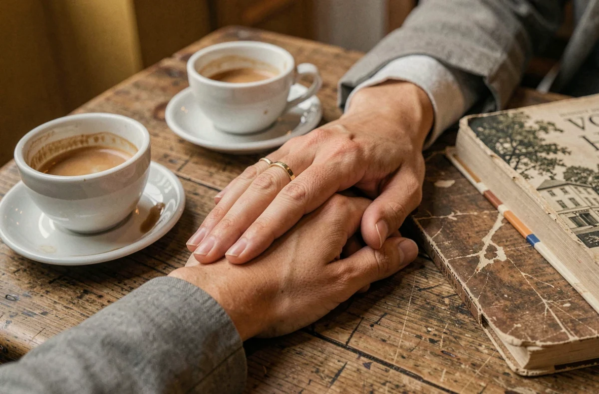 Mains enlacées sur une table de café parisien avec alliance et livre de poche, symbole de la complicité et de l'intimité d'un couple littéraire