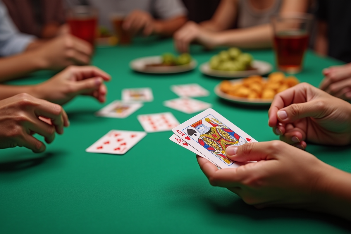 Mains de différentes personnes jouant au rummy sur la table