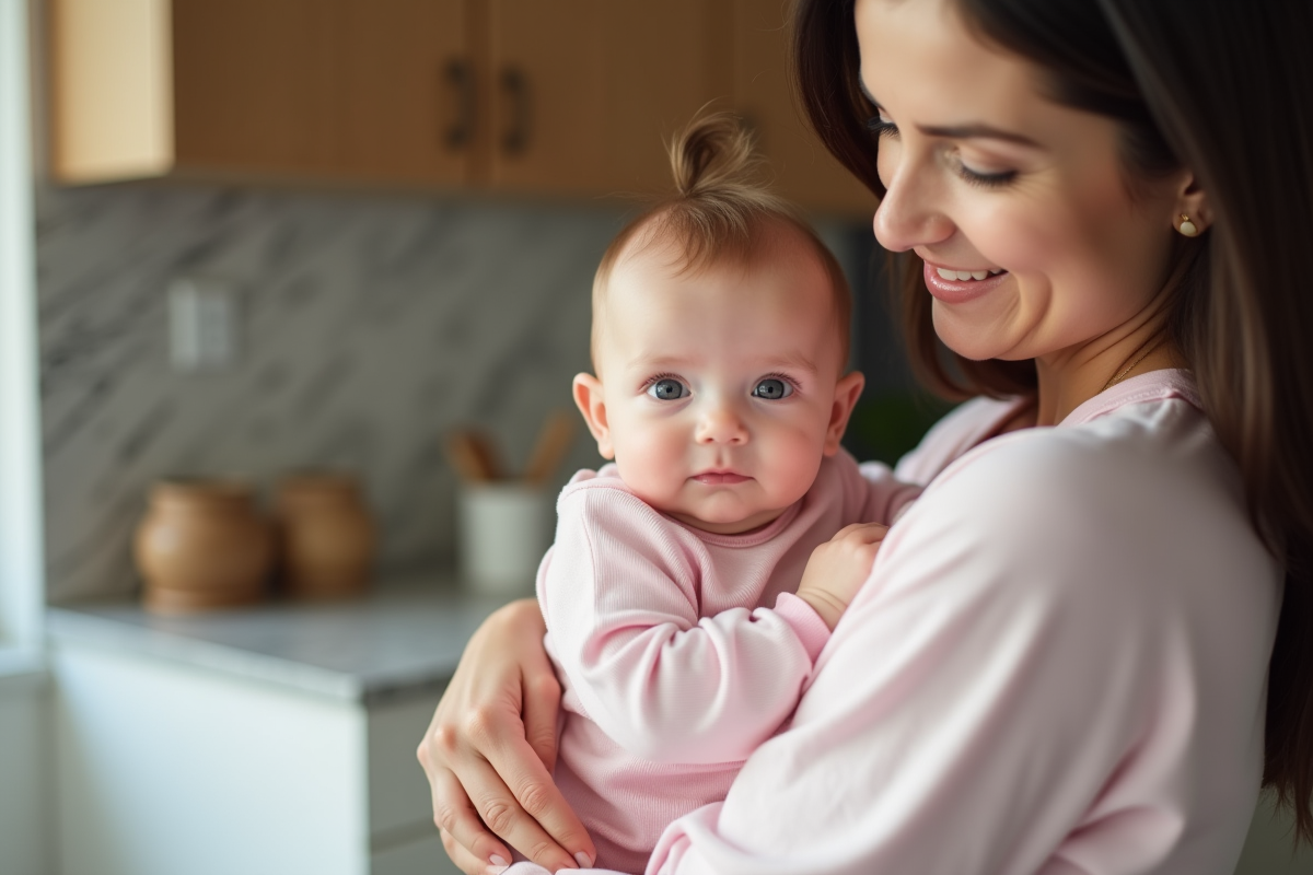 Maman tenant son bébé dans une cuisine moderne