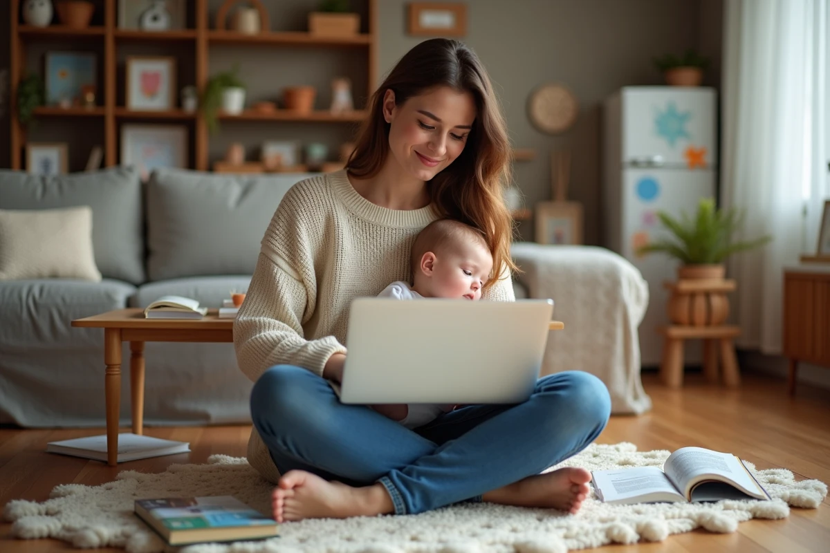 Maman jeune avec bébé dans un intérieur chaleureux