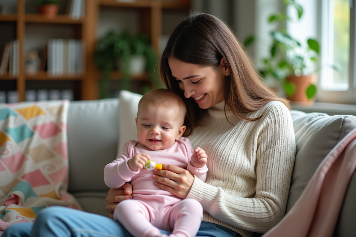 Maman souriante avec sa bébé de 3 mois explorant une cuillère en silicone