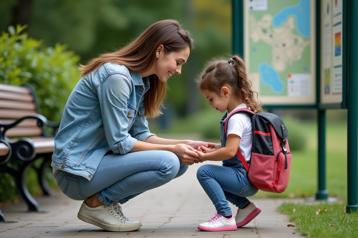 Maman aide sa fille avec le sac à dos dans le parc