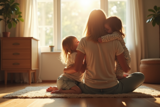 Maman avec ses enfants dans le salon lumineux et chaleureux