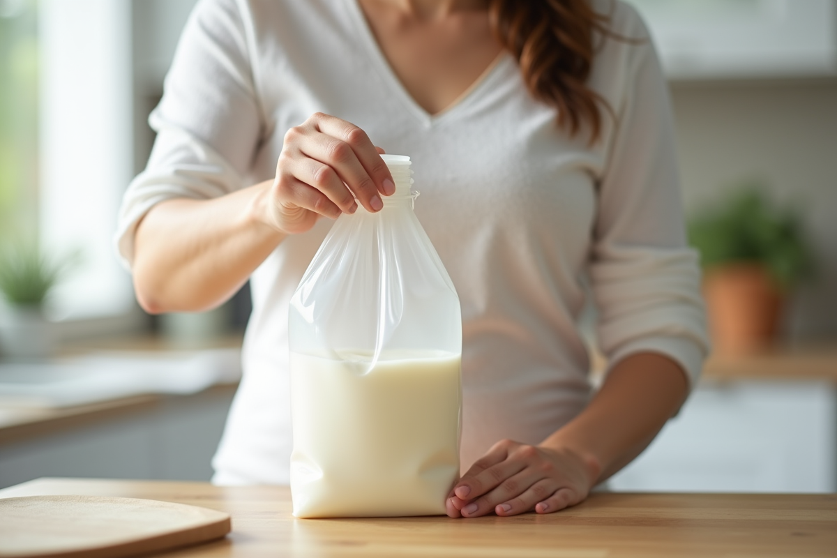 Maman versant du lait maternel dans un sac de stockage dans une cuisine lumineuse